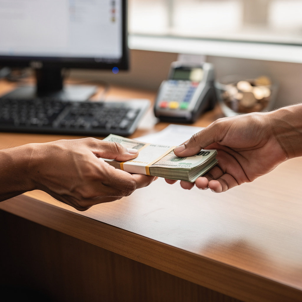 Lucky Money (Agent of RIA MONEY TRANSFER) professional agent assisting a customer with secure international money transfer services in National City