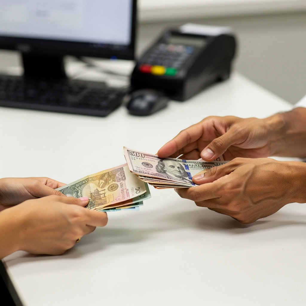 Lucky Money (Agent of RIA MONEY TRANSFER) agent assisting a customer with international money transfer services in National City