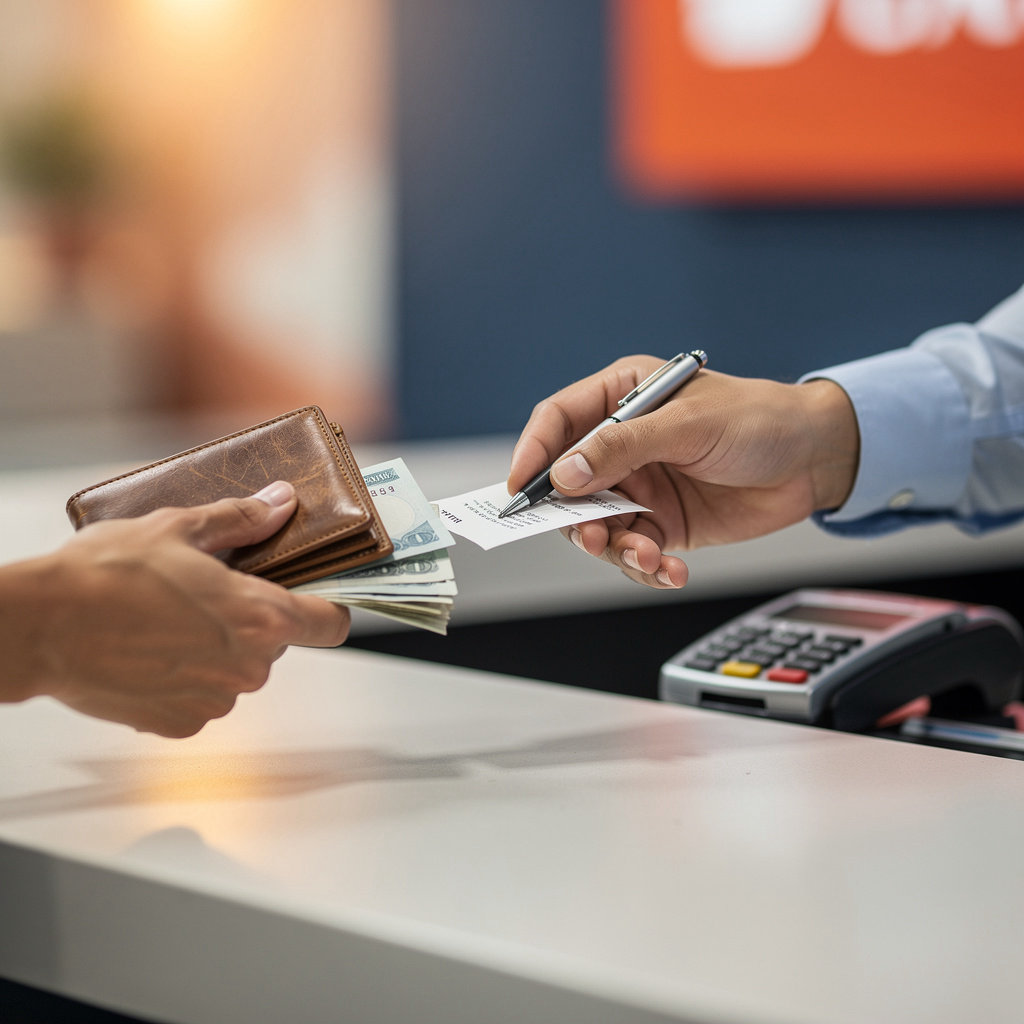 Lucky Money (Agent of RIA MONEY TRANSFER) agent assisting a customer with a secure international money transfer in National City